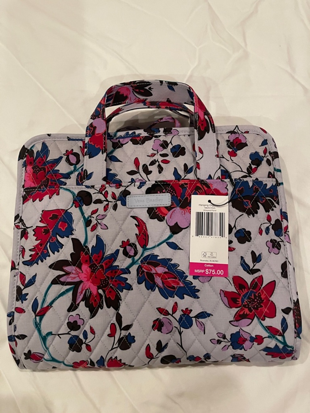 Vera Bradley Quilted Floral Tote in Gray with Pink & Blue Accents